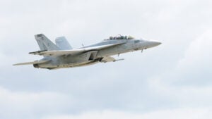 One of the first two Boeing F/A-18E/F Super Hornets with the first increment of Service Life Modification (SLM) improvements delivered back to the U.S. Navy. The SLM improves computing power, displays and lifetime flight hours. (Photo: Boeing)