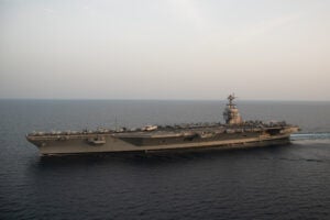 The USS Gerald R. Ford (CVN-78) aircraft carrier steams in the Adriatic Sea on June 23, 2023. (Photo: U.S. Navy by Mass Communication Specialist 2nd Class Jackson Adkins)