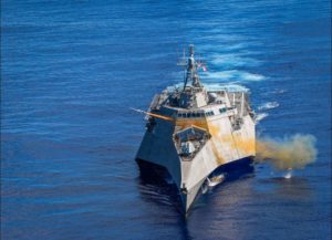 The Independence-variant littoral combat ship USS Gabrielle Giffords (LCS-10) launches a Naval Strike Missile (NSM) during the biennial Pacific Griffin exercise as part of a sinking exercise on Oct. 1, 2019. (Photo: U.S. Navy)