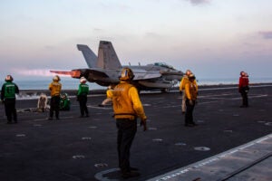 An EA-18G Growler, attached to Electronic Attack Squadron (VAQ) 133, launches from the flight deck of the Nimitz-class aircraft carrier USS Abraham Lincoln (CVN-72) on Nov. 14, 2024 in the Central Command Area of Responsibility. (Photo: U.S. Navy).