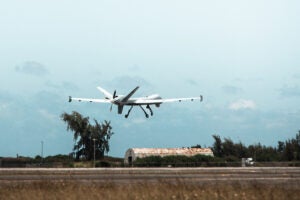 A U.S. Marine Corps MQ-9A with Marine Unmanned Aerial Vehicle Squadron (VMU) 3, Marine Aircraft Group 24, 1st Marine Aircraft Wing, launches on Marine Corps Air Station Kaneohe Bay, June 21, 2023. (Photo: U.S. Marine Corps by Cpl. Christian Tofteroo).