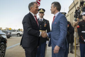 Secretary of Defense Pete Hegseth hosts Australian Deputy Prime Minister and Defense Minister Richard Marles for a bilateral exchange at the Pentagon on Feb. 7, 2025.