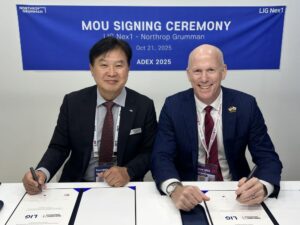 Left, Tae-Sik Park, (Left) president of missile system group at LIG Nex1 and John Frick, (Right) director of strategy and growth at Northrop Grumman signed a Memorandum of Understanding to collaborate on enhancing air and missile defense capabilities at Seoul ADEX International Aerospace & Defense Exhibition in Oct. 2025. (Photo: Northrop Grumman)