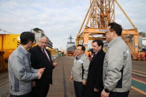 Former Secretary of the Navy Carlos Del Toro visits Hanwha Ocean shipyard in Geoje, Republic of Korea on Feb. 27, 2024. (Photo: U.S. Navy via Hanwha Ocean photo/released)