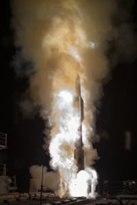 An SM-6 is launched from the USS John Paul Jones (DDG-53) during Flight Test Standard Missile-27 Event 2 (FTM-27 E2) to intercept a medium-range ballistic missile (MBRB) target in 2017. (Photo: Missile Defense Agency)