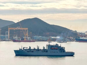 Military Sealift Command’s (MSC) Lewis and Clark-class dry cargo ship USNS Wally Schirra (T-AKE 8) departs Hanwha Ocean shipyard after a seven-month overhaul at Gyeongsangnam-do, Republic of Korea, March 12, 2025. (Photo: U.S. Navy)